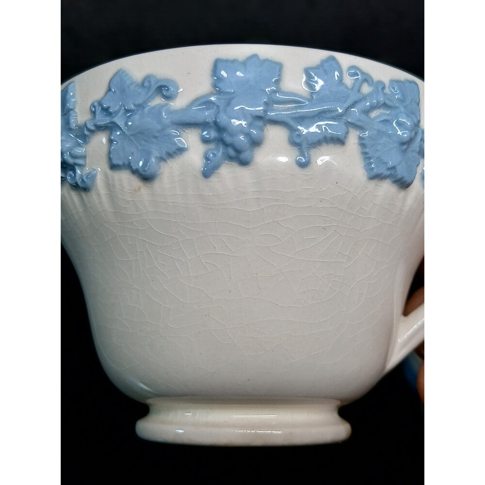 Wedgwood Queen’s Ware Blue on White Embossed Coffee Cups Pair Mixed Condition - Picture 15 of 16